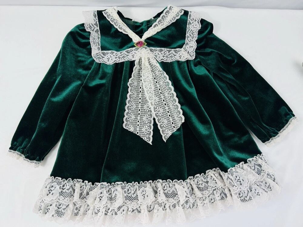 Vintage Little Precisions Green Velvet Lace Dress Girls Holiday Pageant 80s/90s